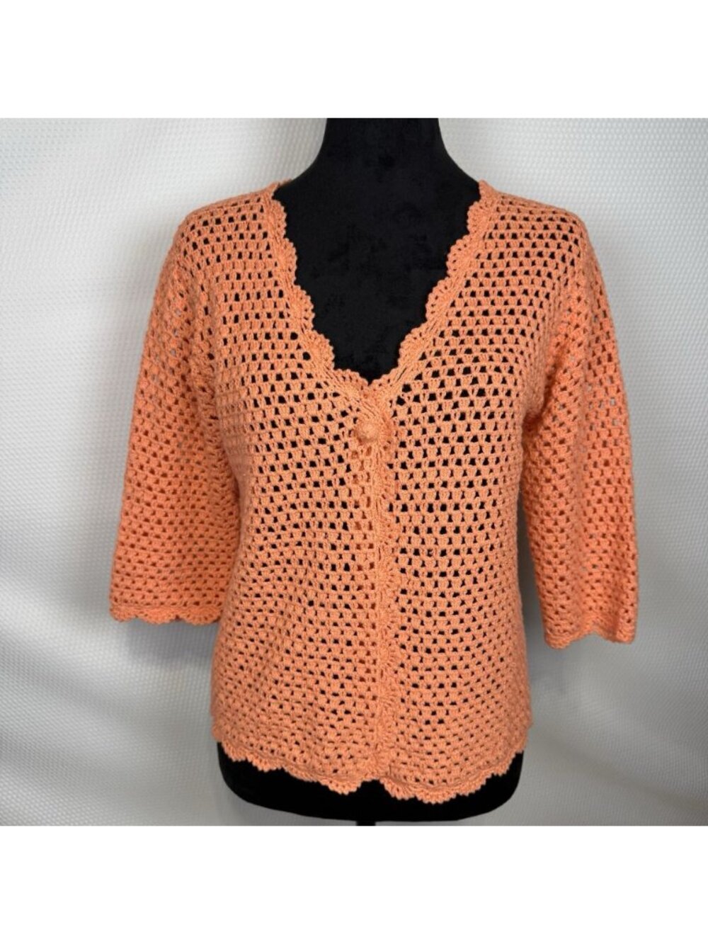 Norm Thompson Women's Medium Linen Cotton Open Crochet 1 Button Cardigan Sweater